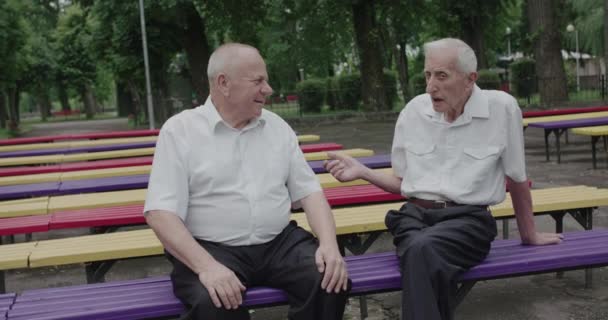 Stary, skromny człowiek opowiada historię swojemu przyjacielowi i wskazuje palcem w oddali — Wideo stockowe
