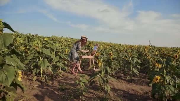 Colourful spaces of sunflower field with long-haired lady painting a landscape — Stock Video