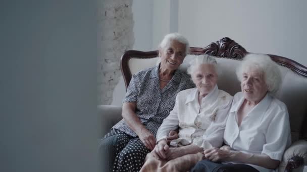Portret van drie oma 's die op de bank zitten en lachen naar de camera met praatjes — Stockvideo