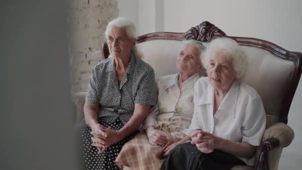 Portrait of three cute grandmothers sitting on a comfortable sofa in light room — 비디오