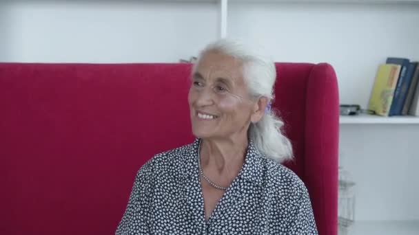 Vue de la femme âgée agréable ayant une petite conversation avec le sourire sur le visage dans la chambre — Video