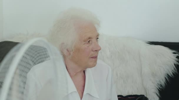 Oude grijsharige vrouw zittend op een bank en opzij kijkend — Stockvideo