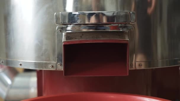 View of falling roasted coffee beans from machine into bowl — Stock Video