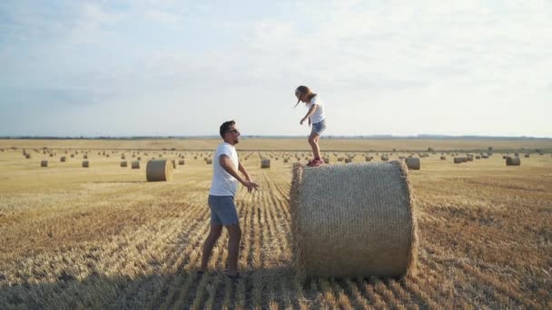 Küçük kız tarladaki koca bir samandan babasının kollarına atlıyor. — Stok video