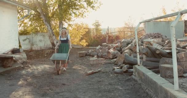 Slav kız yazın köyün yakınındaki ahırda el arabalarıyla yürüyor. — Stok video