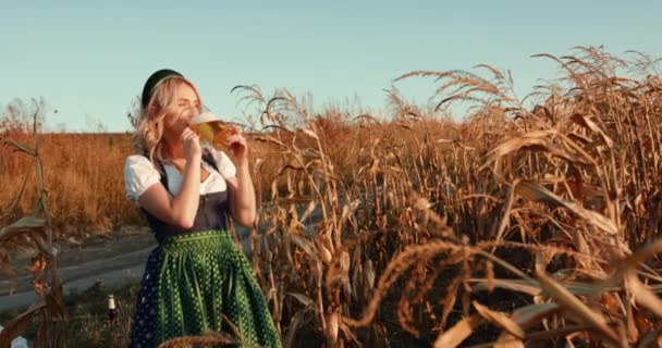 Chica exuberante eslava en traje étnico, bebe una pinta de cerveza y sonríe en el campo de maíz — Vídeo de stock
