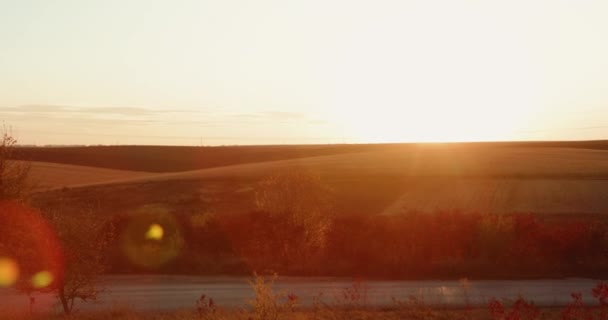 Bel tramonto con abbagliante in macchina fotografica a prato — Video Stock