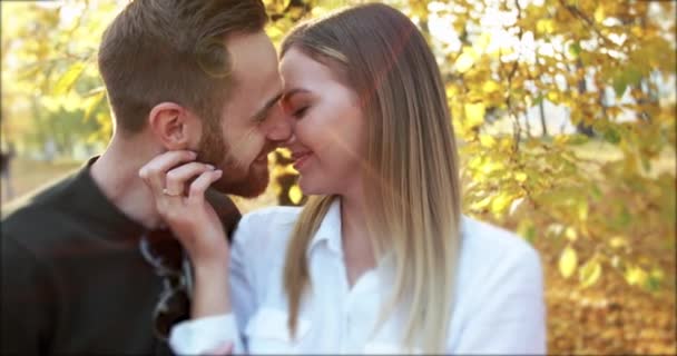 Dicht zicht op mooie paren bewondert elkaar en streelt in het najaar park — Stockvideo