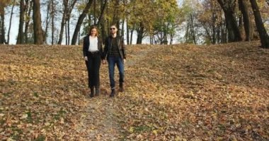 Mutlu çift birlikte yürür, güneşli sonbahar parkında el ele tutuşur.
