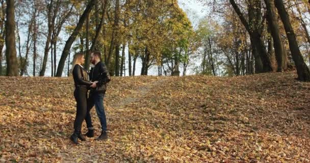 Счастливая пара стоит вместе в осеннем парке, у них есть любовные и ласковые — стоковое видео