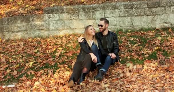 Para zakochanych, relaksujących i śmiejących się w objęciach natury w słoneczny dzień — Wideo stockowe