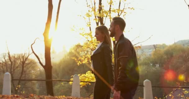 Couple romantique amoureux ayant de l'amour sur la promenade et embrasser en automne ensoleillé — Video