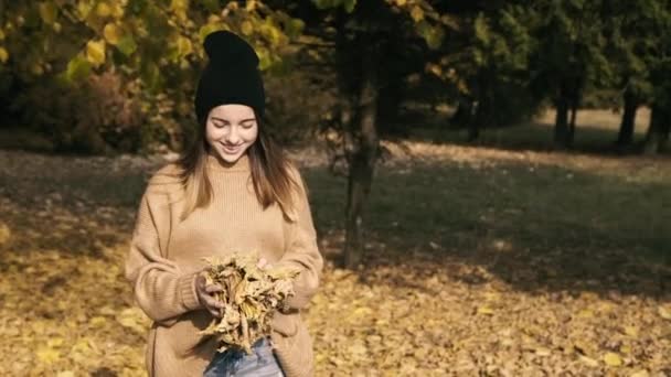Ragazza spensierata che gioca con le foglie autunnali e posa nel parco — Video Stock