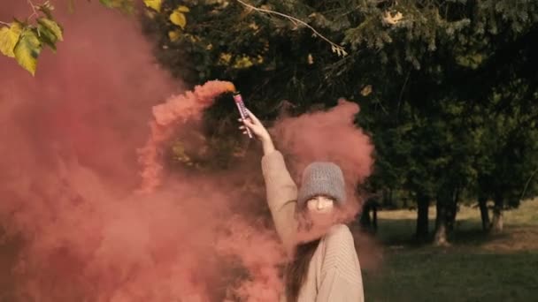 Retrato de belas posses menina no parque com fogos coloridos. Devagar. — Vídeo de Stock
