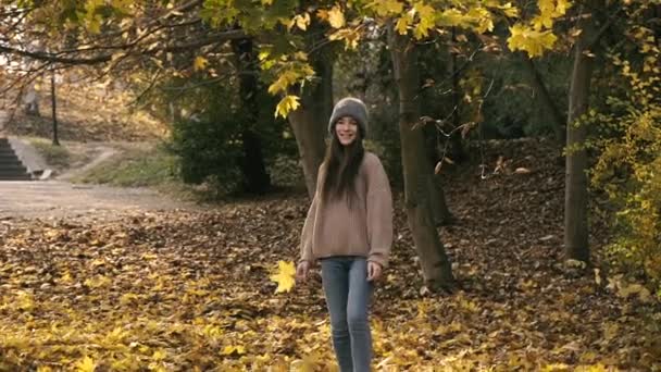 Tasasız stil sahibi kız elinde sonbahar yaprağıyla parkta yürüyor. — Stok video