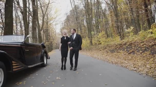 Estilo retro de parejas románticas caminan bajo los brazos en el parque — Vídeo de stock
