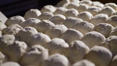 Fabrikadaki tepside çörek pişirmek için biçilmiş hamur manzarası
