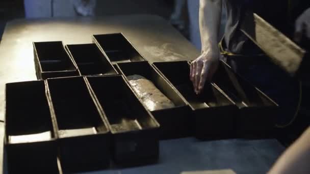 Processo de fazer pão na fábrica. As mãos de padeiros põem a massa em latas de cozedura — Vídeo de Stock