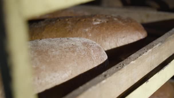 Dicht zicht op vers gebakken roggebrood met zemelen op stapel voor de handel — Stockvideo