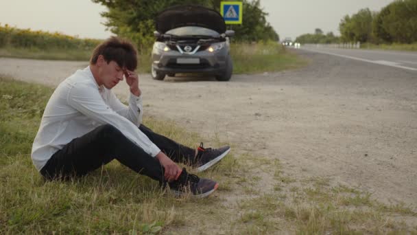 Стурбований чоловік сидить на траві біля розбитого автомобіля. — стокове відео