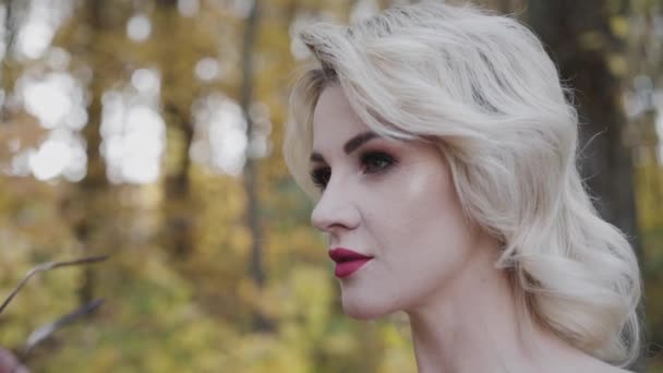 Seductive blonde with red lips puts on sunglasses and looks straight in park — Stock Video