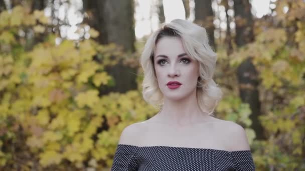 Hermosa dama con maquillaje mira a un lado y sonríe en el parque de otoño — Vídeo de stock