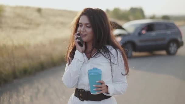 Solo dama sostiene una taza de té y emocionalmente habla por teléfono en el coche roto — Vídeos de Stock