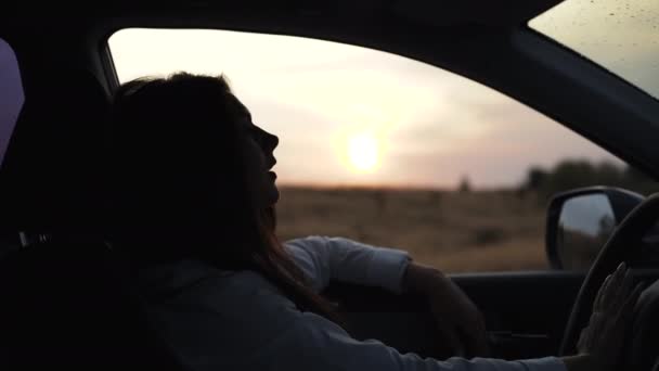 Mulher de carro olha para fora na estrada e grita com gestos à noite — Vídeo de Stock