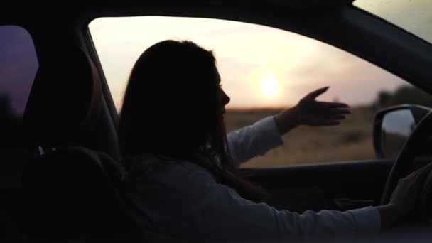 Wściekła kobieta w samochodzie wychodzi na drogę i krzyczy z gestami wieczorem — Wideo stockowe