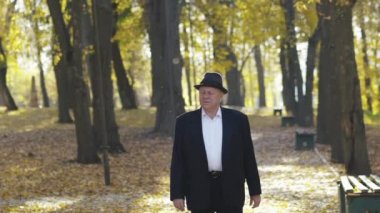 Zarif adam sonbaharın, güneşli parkın yollarında yürüyor ve etrafına bakıyor.
