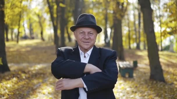 Sebevědomý dospělý muž v klobouku a černý oblek křížení rukou a usmívání v parku — Stock video