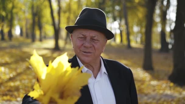 Retrato de senior presenta arce hojas ramo y dice en la cámara en el parque — Vídeos de Stock