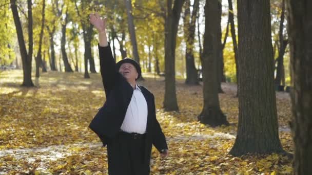 Счастливый старшеклассник бросает букет из кленовых листьев и улыбается в осеннем парке — стоковое видео