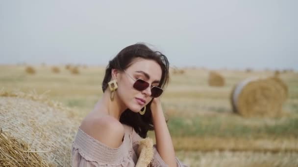 Elegante dame in zonnebril poseert met blazend haar op hooiberg in het veld — Stockvideo