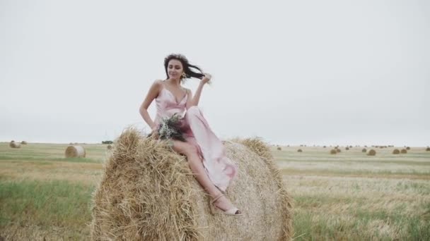 Señora despreocupada en vestido posando para la cámara en un pajar en el campo ventoso — Vídeos de Stock