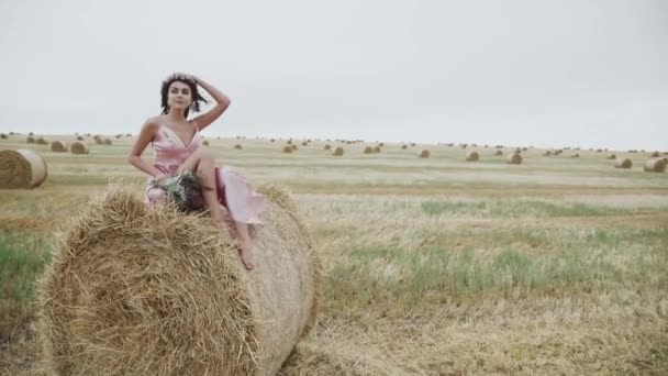 Elegante dama en vestido posando con sonrisa para cámara en un pajar en campo ventoso — Vídeos de Stock