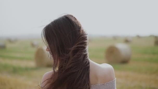 Belle brune posant avec des cheveux soufflants à la caméra parmi le champ de foin venteux — Video