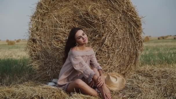 Impresionante morena disfruta posando mientras se relaja en el heno en un campo ventoso — Vídeos de Stock