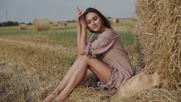 Morena inquieta está sedutoramente posando no palheiro em campo na frente da câmera — Vídeo de Stock