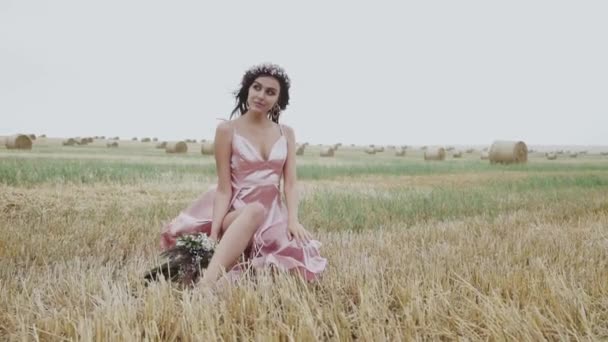 Menina bonita vestida elegantemente, sentado em uma palha entre o campo e posando — Vídeo de Stock