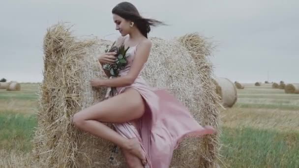 Элегантная леди в обдувном платье опирается на стог сена и имеет удовольствие в ветреном поле — стоковое видео