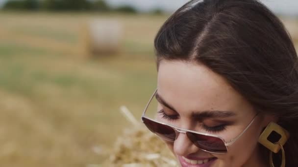 Mujer en gafas de sol con el pelo soplado mirando a la distancia con sonrisa en el campo — Vídeo de stock