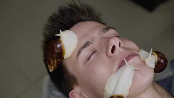 Hombre recibiendo rejuvenecimiento facial de la piel durante un tratamiento con caracoles rastreros — Vídeos de Stock