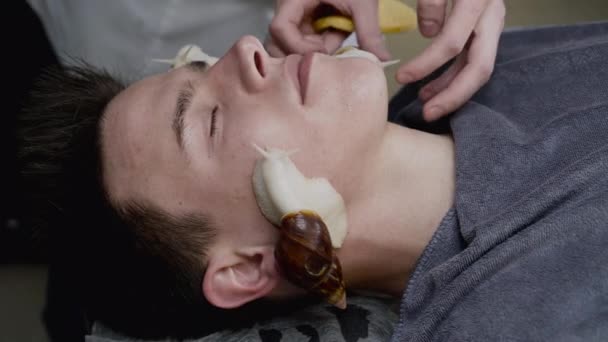 Mann erhält bei Kosmetikerin Hautverjüngung mit Schnecken im Gesicht — Stockvideo