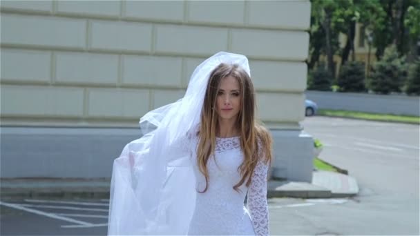 Beautiful bride with long veil — Stock Video