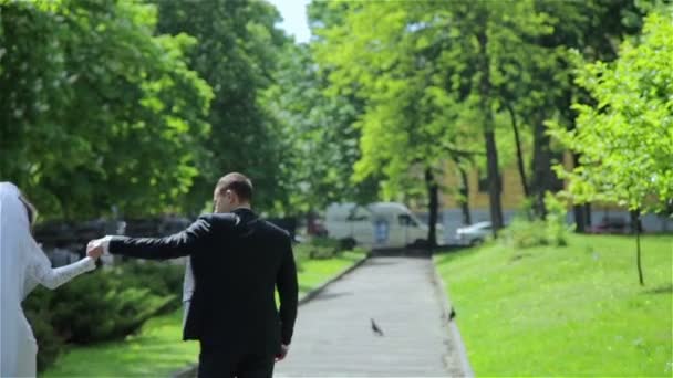 Den bästa bröllop par promenader i parken — Stockvideo