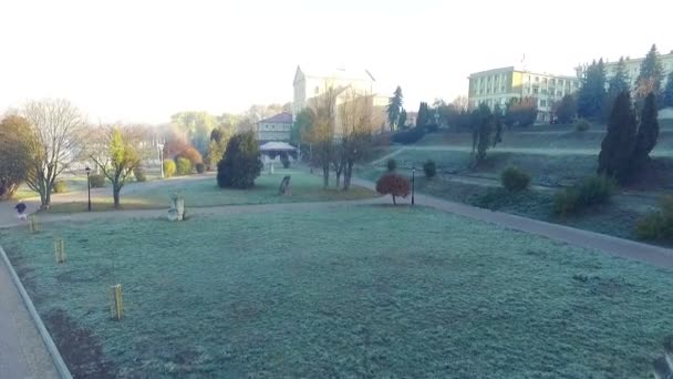 Aérien : matin ville froid herbe givrée à l'extérieur 