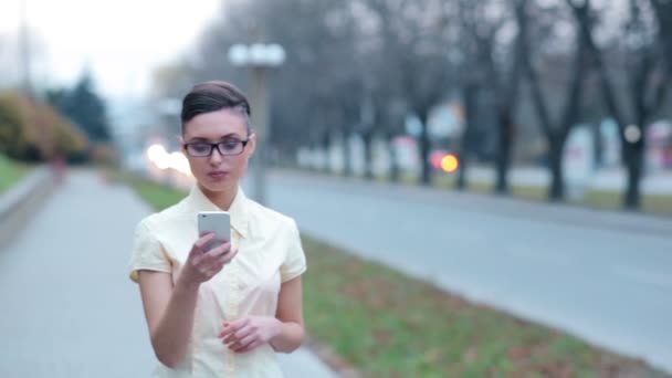 Hermosa dama de negocios en el teléfono resuelve casos de negocios — Vídeo de stock