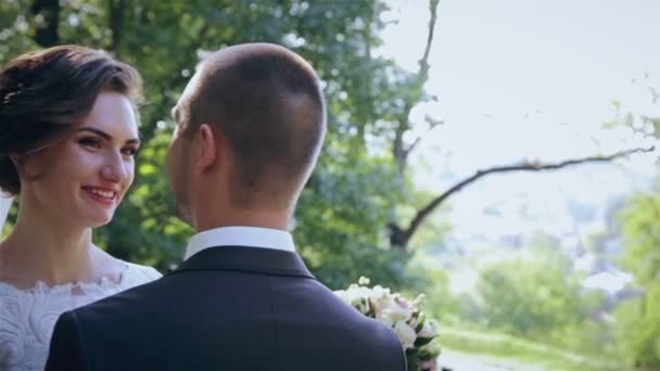 Красивая свадебная пара в парке — стоковое видео