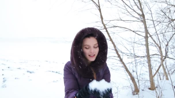 Chica jugando con la nieve en el parque — Vídeos de Stock